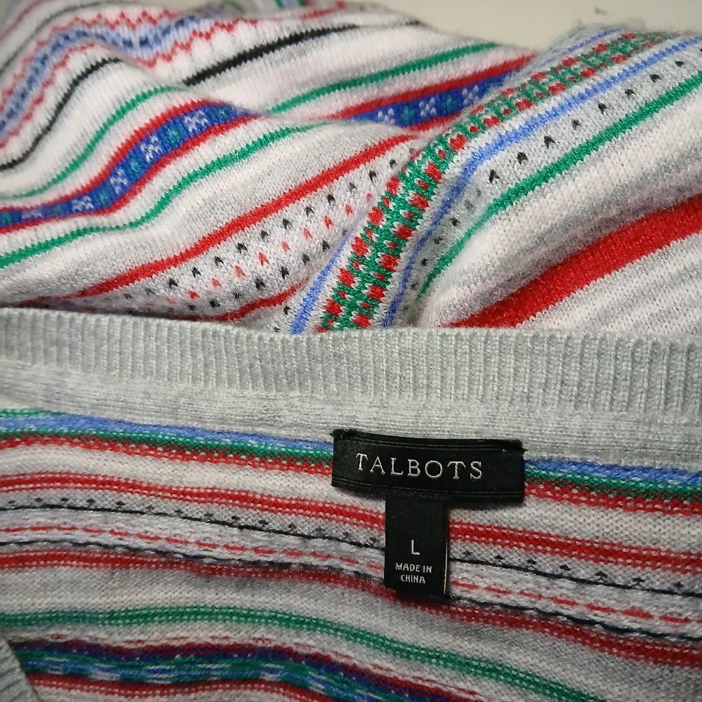 Talbots Red Blue Green Striped Crew Neck Nylon Lambswool Cardigan Large